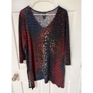 Clara Sunwoo XL Tunic Top Red Blue Abstract Animal Print V-Neck 3/4 Sleeve USA